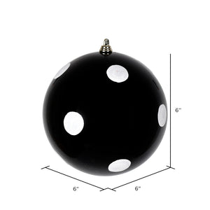6" Black Candy Finish with White Glitter Dots Ball Ornament- Bag of 4