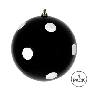 6" Black Candy Finish with White Glitter Dots Ball Ornament- Bag of 4