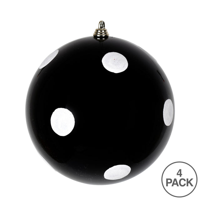 6" Black Candy Finish with White Glitter Dots Ball Ornament- Bag of 4