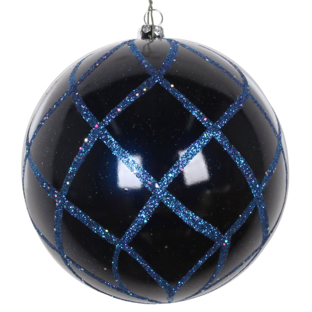 4.75" Midnight Blue Candy Finish Net Ball Ornament with Glitter Accents, 3/Bag