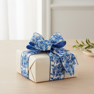 4"x10yd Blue and White Chinoiserie Peony Ribbon