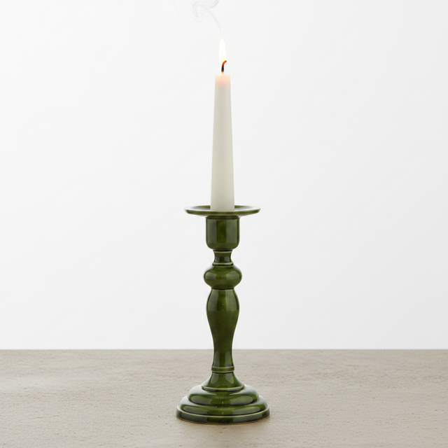 9" Metal Enamel Candlestick Green