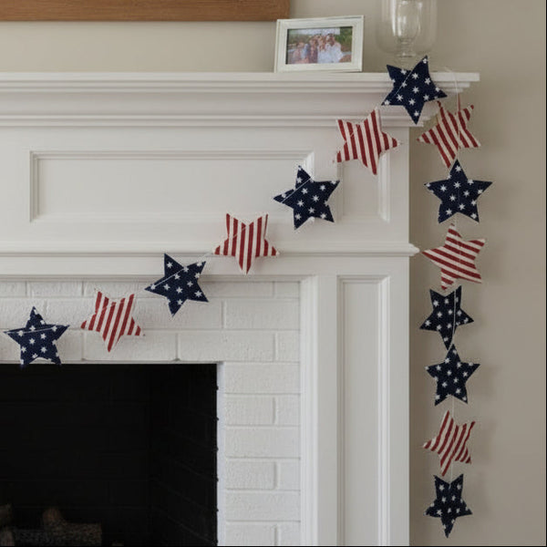 Decorative string of red, white, and blue stars on a white background