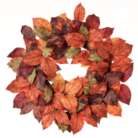 Autumn leaf wreath with red, orange, and brown leaves on a white background