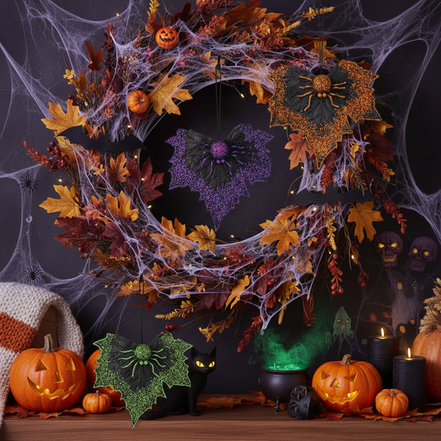 10" Sequin Spider with Leaf | Purple/Black, Orange/Black, Green/Black