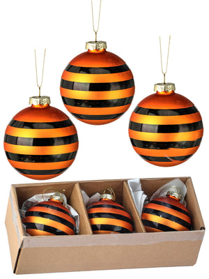 3" Glass Striped Halloween Ball Ornaments Set/3 | Orange & Black
