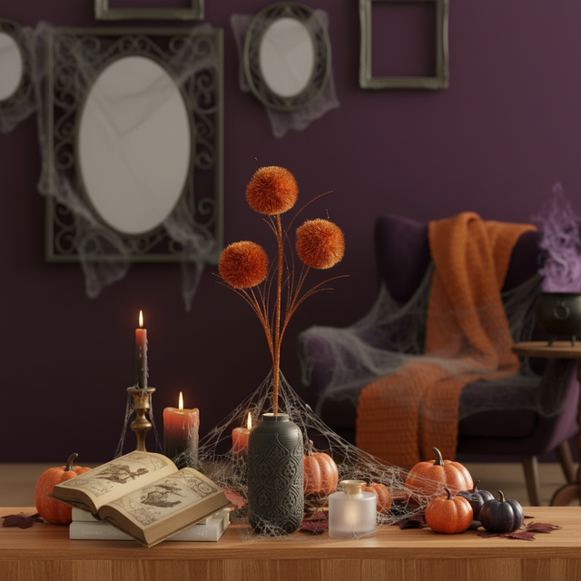 35" Orange Glitter Pom Pom Spray