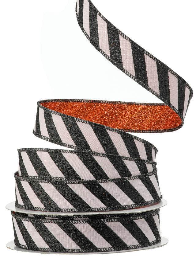 1" x 10YDS Glitter Stripe Halloween Ribbon |  Black/White & Black/Orange