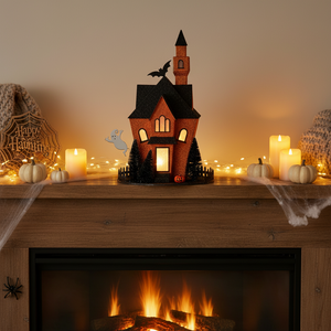 13.5" LED Cardboard Haunted House | Orange & Black