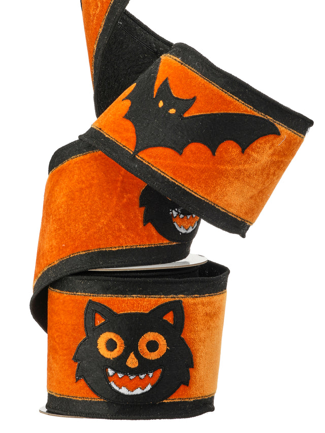4" x 5YDS Halloween Black Cat/Bat Velvet Ribbon in Orange & Black