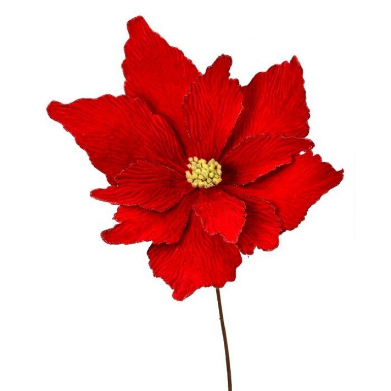 36" x 24"D Super Velvet Red Glitter Edge Poinsettia Stem