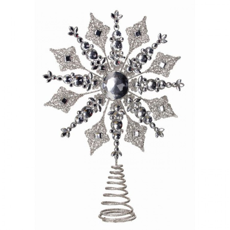 14.5" Silver snowflake tree topper | glitter metal jewel