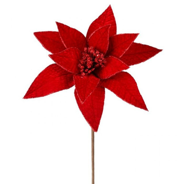 24" Dark Red Velvet Poinsettia Stem | Glitter Edge Jewel