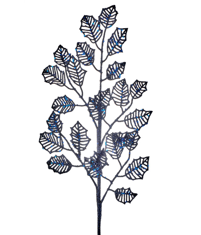 28" Glittered Sequin Lattice Holly Leaf Spray | Midnight Blue or Emerald Green