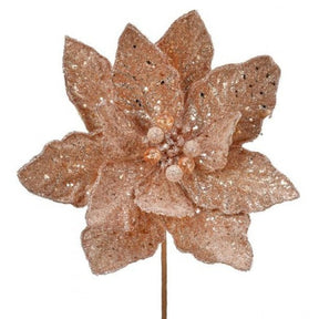 A rose gold poinsettia stem with micro beaded/sequins design for holiday decor.