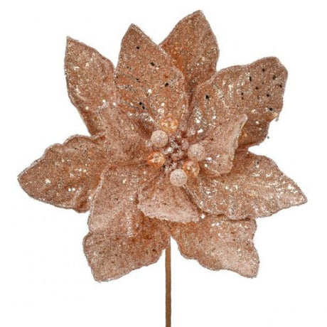 A rose gold poinsettia stem with micro beaded/sequins design for holiday decor.
