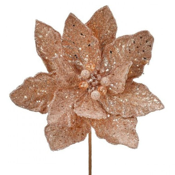 A rose gold poinsettia stem with micro beaded/sequins design for holiday decor.