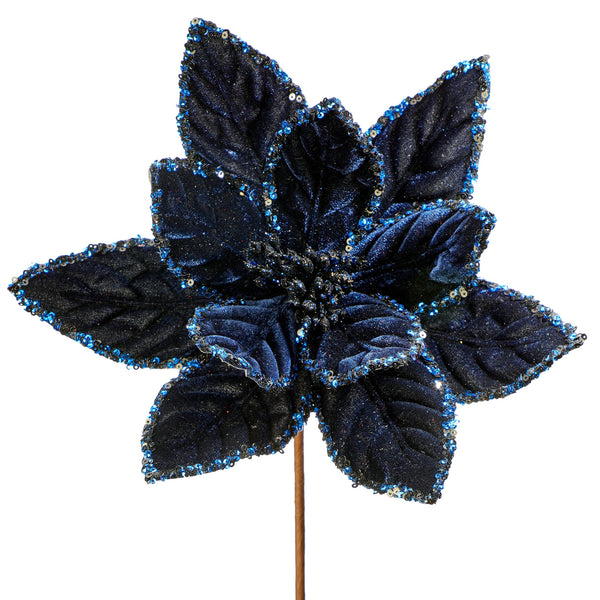 A 24 inch midnight blue poinsettia stem with sequins edge detailing.