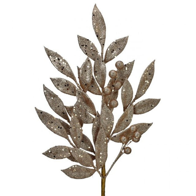 24" Glitter Metallic Bay Leaf with Berries Spray | Champagne