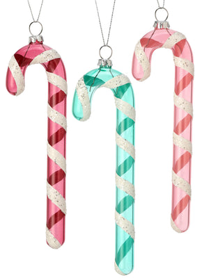 7.5" Glass Candy Cane Ornament | Dark Pink | Mint | Pink