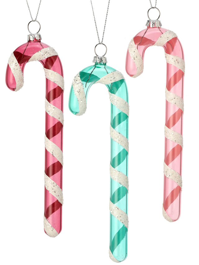 7.5" Glass Candy Cane Ornament | Dark Pink | Mint | Pink