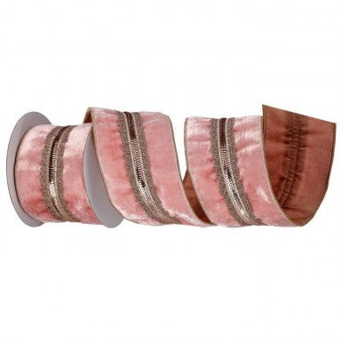 4"x5YDS Pink Velvet Ribbon with Gold Center Trim