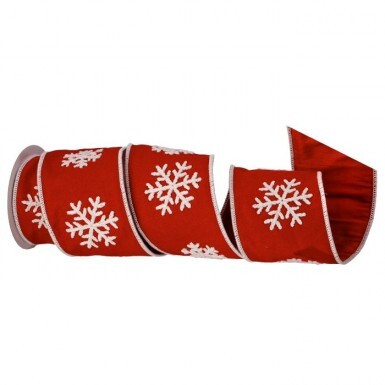 4"x5YDS Red & White Embroidered Snowflake Canvas Ribbon