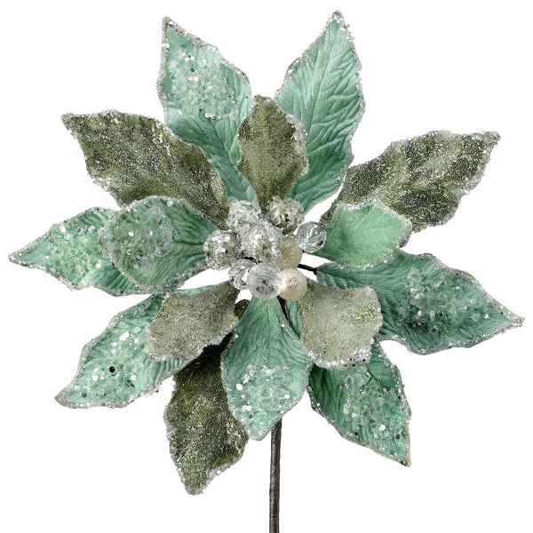 A 24 inch mint green iced poinsettia stem with jewel encrusted flower toppers and a glittery finish.