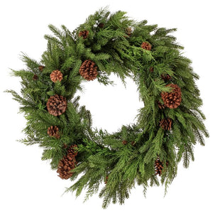 A 30 inch diameter natural touch mixed evergreen Wreath with realistic sprigs of pine, cedar, and fir, accented with natural pinecones.