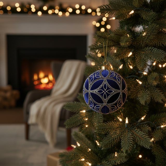 4" Blue Glass Fluerette Glitter Ornament