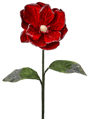 24" Red Snow Edged | Velvet Magnolia Stem