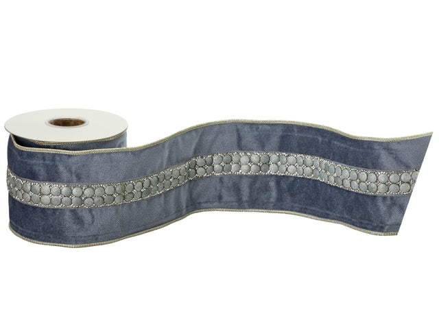4" x 5YDS Antique Blue Jeweled Bubble with Velvet Ribbon