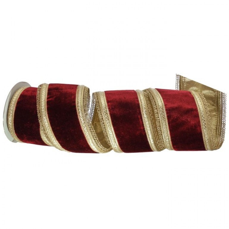 4" x 5 Yards Burgundy Royalty Velvet Ribbon with Gold Trim