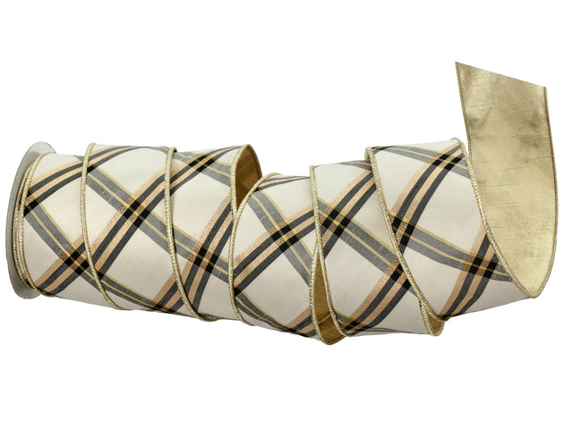 2.5" x 10 YDS Plaid Dupion Striped Ribbon | Cream, Black, Gray, Gold