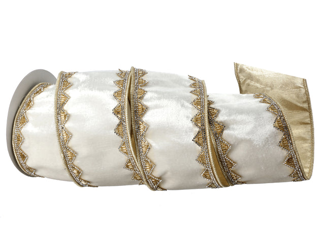 4" x 5 YDS Ivory Beaded Trim Velvet Ribbon
