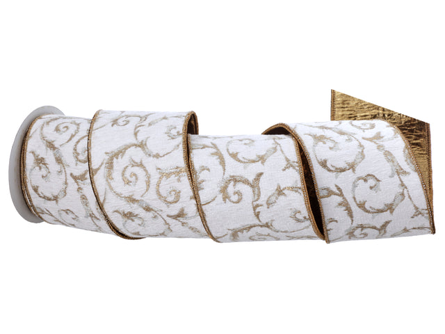 4" x 5YDS Ivory & Gold Acanthus Metallic Dupion Ribbon
