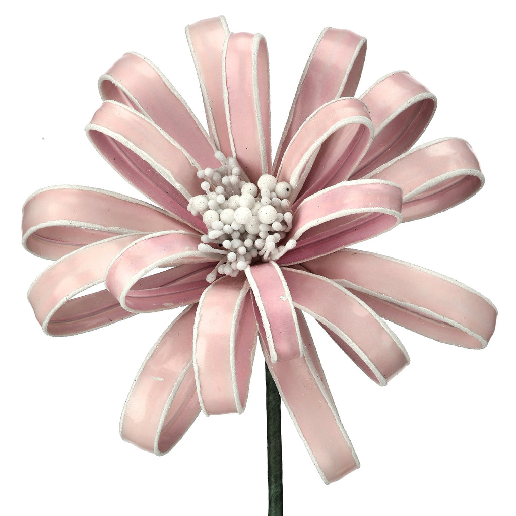 Decorative flower made of pink ribbons on a white background