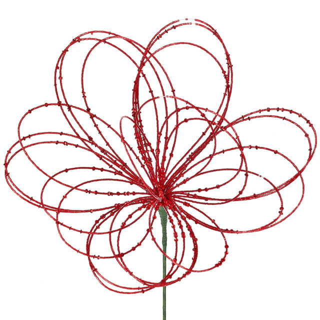 Red metal flower sculpture on a white background