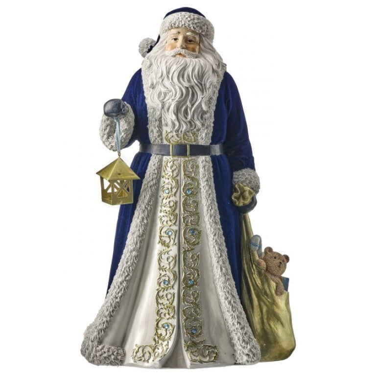 15" Resin Santa with Brocade & Lantern | Blue, White & Gold
