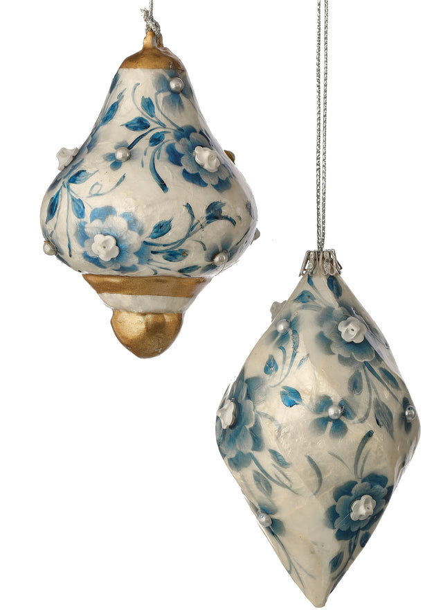 5"-5.5" Blue & White Capiz Floral Drop/Finial Ornaments | Two Styles Available