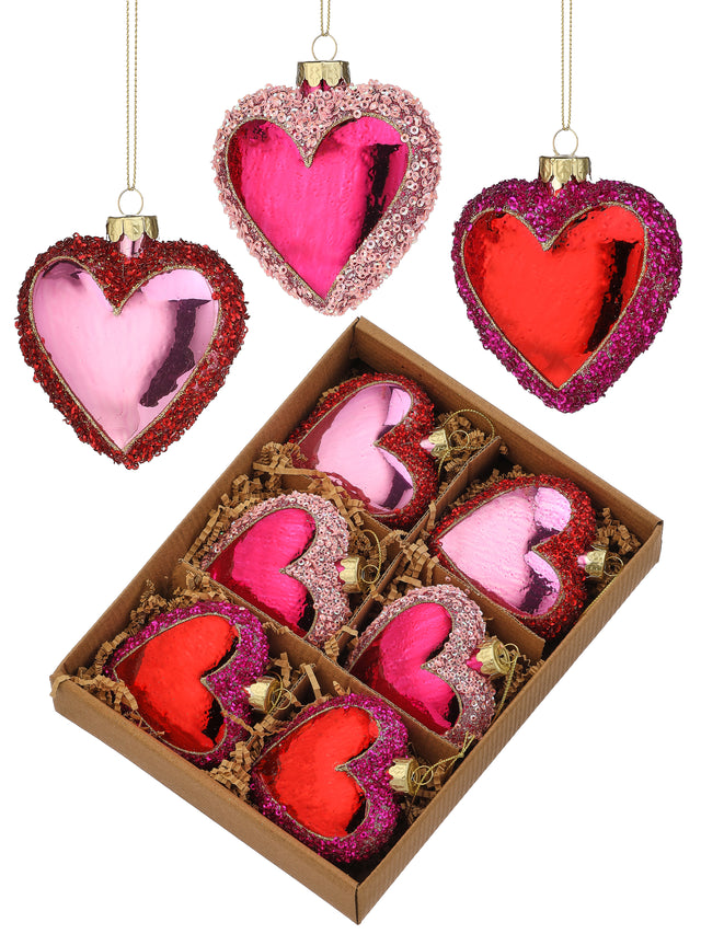 3" Pink/Red Glitter Glass Sequin Heart Ornament Box/6