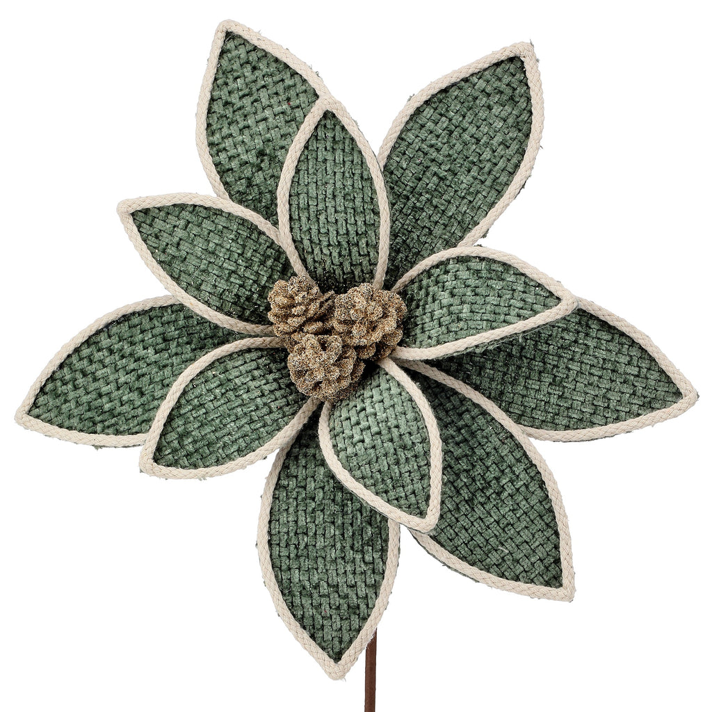 Decorative green flower with a brown center on a white background