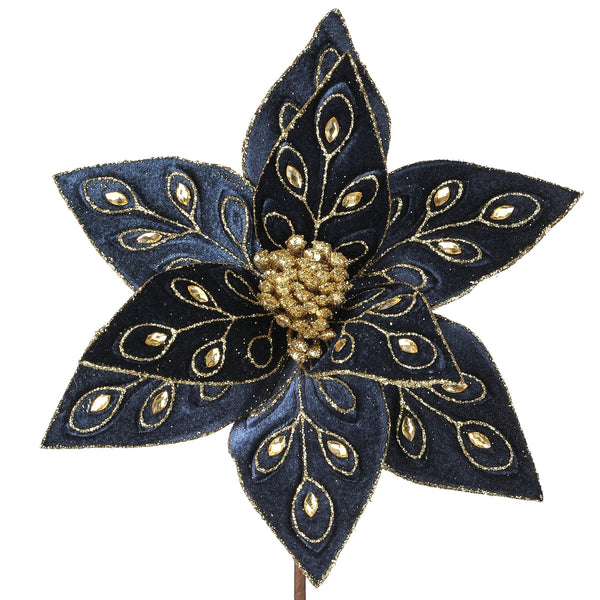 Decorative flower with blue petals and gold accents on a white background