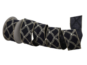 2.5" x 10 Yards Dark Blue & Champagne Leaf Garland Jewel Ribbon