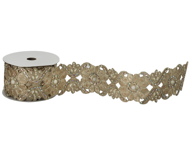 2.8" x 5 Yards Gold Pearl & Jewel Embroidered Fleurette Ribbon