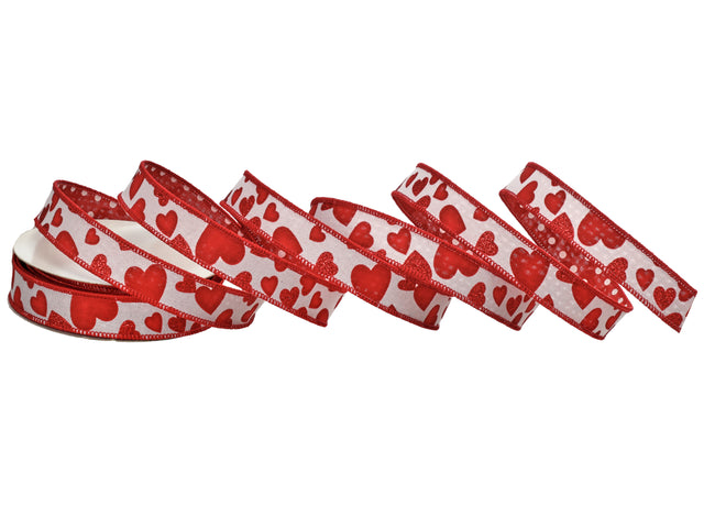 2.5" x 10 Yards Red & White Glitter Heart/Polka Dot Cotton Ribbon