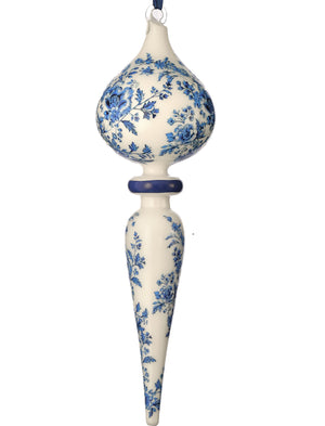 11" Glass Blue & White Chinoiserie Floral Print Finial Ornament