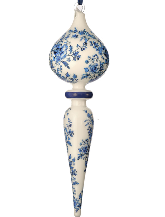 11" Glass Blue & White Chinoiserie Floral Print Finial Ornament