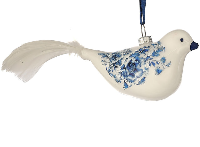 8" Glass Chinoiserie Blue & White Floral Bird with Feather Ornament
