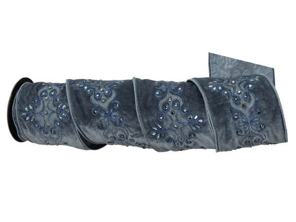 4" x 5 Yards Blue & White Embroidered Dupion Scroll Ribbon